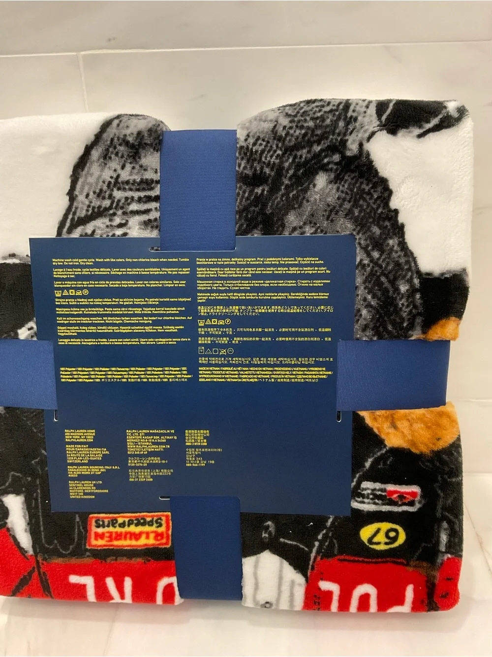 NWT POLO Ralph Lauren White TUXEDO RACING JACKET BEAR 50” X 70” Fleece Blanket